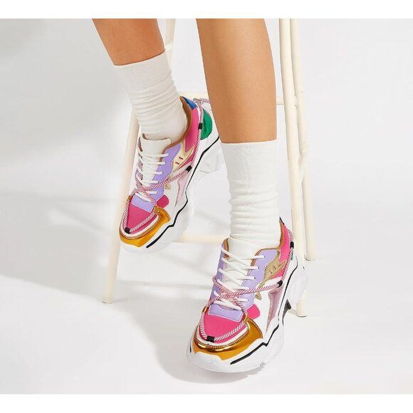 ⚡Women's Purple Fushia Platform Colorful Sneakers Retro Colorblock Stylish - Picture 7 of 9